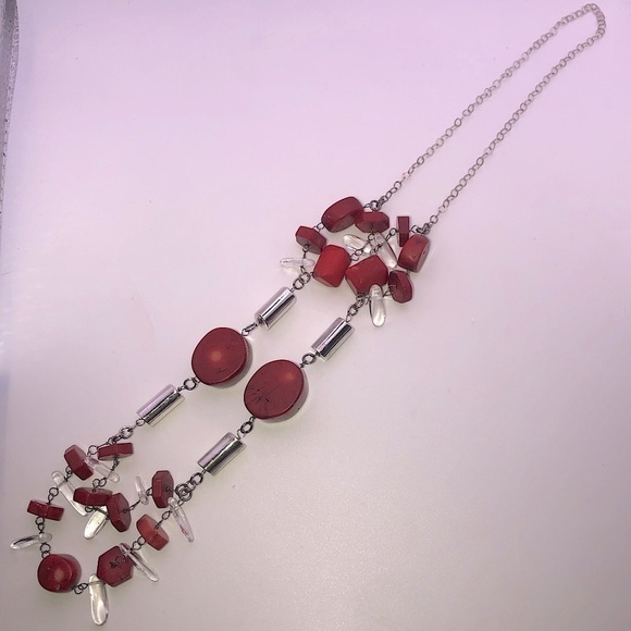 VINTAGE Sterling Coral & Rock Crystal Chunky Statement Necklace 23” - Picture 4 of 10